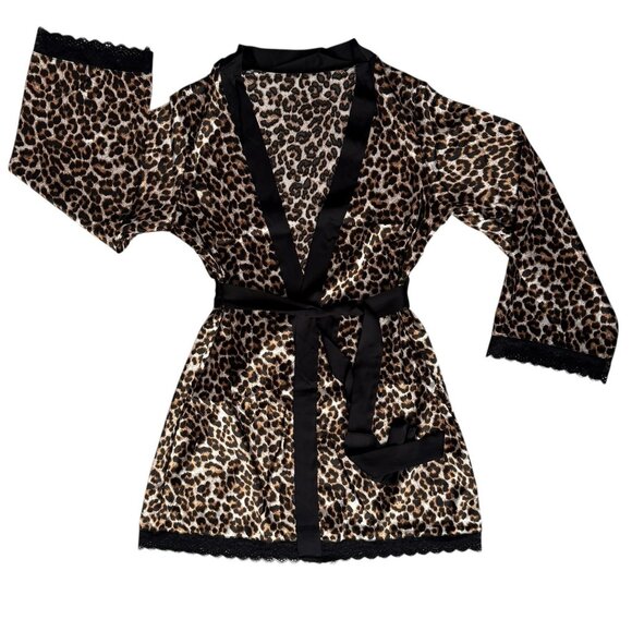 New Leopard Print Robe Womens Medium Long Sleeve Black Lace Trim Satin Mob Wife - Picture 10 of 14
